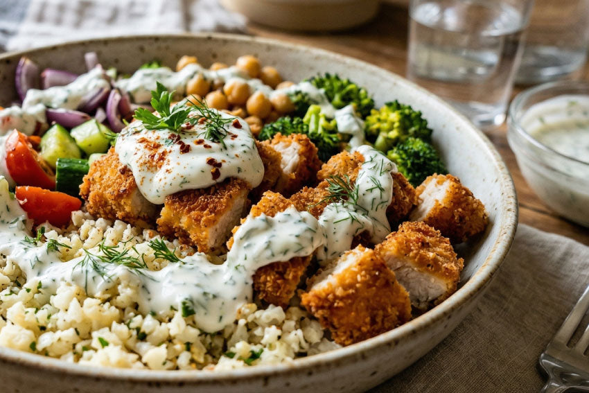 Bowl de arroz de couve-flor com frango e molho de iogurte