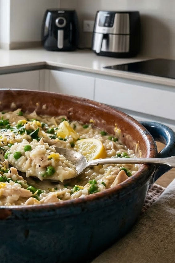 Arroz cremoso de frango com ervilhas e limão