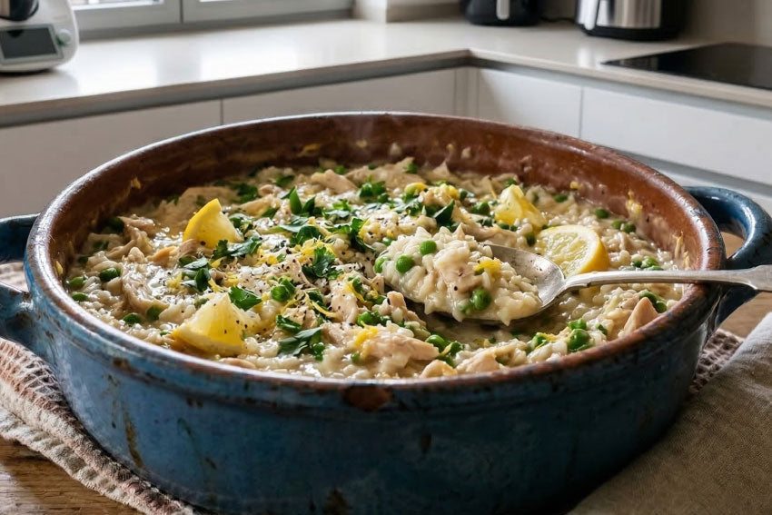 Arroz cremoso de frango com ervilhas e limão