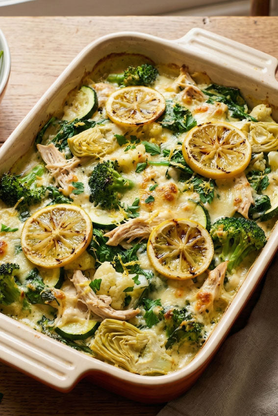 Gratinado detox de legumes verdes com frango e limão