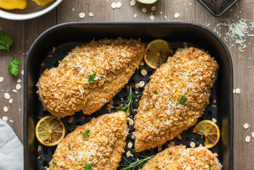 Peitos de frango na air fryer com crosta de aveia, limão e parmesão