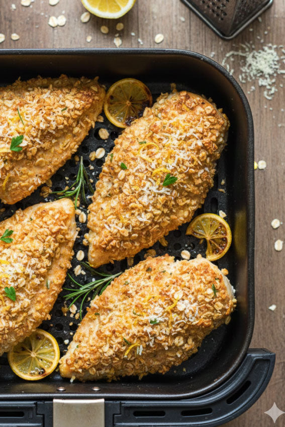 Peitos de frango na air fryer com crosta de aveia, limão e parmesão