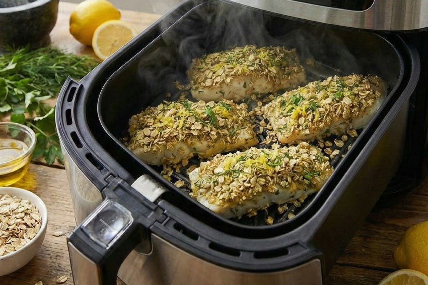Peixe assado com crosta de aveia, ervas e limão